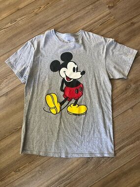 Disney Gray Mickey Mouse Graphic Tee with Red and Yellow Accents